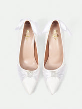 CUCCOO HITCHD Pointed Toe Stiletto Heels With Bowknot & Pearls Decor Women's White Pumps